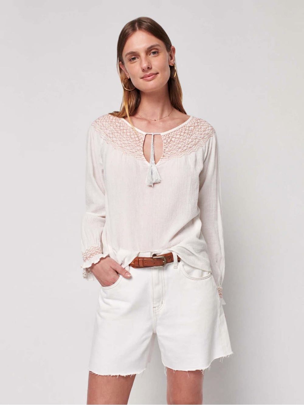 Faherty Laura Embroidered Top White Organic Cotton Boho Peasant Blouse